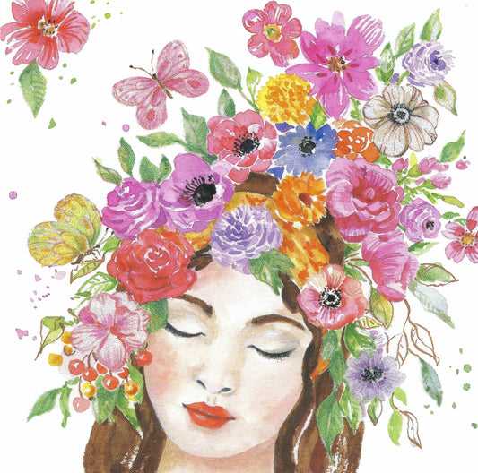 Edition Gollong - Woman - Flower Hat - Butterflies - Flowers - Postcard with glitter details