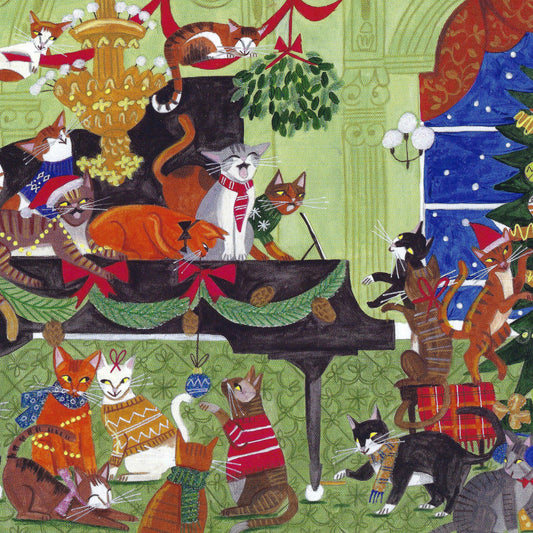 Christmas postcard by Edition Gollong featuring festive cats with glitter accents on square card
