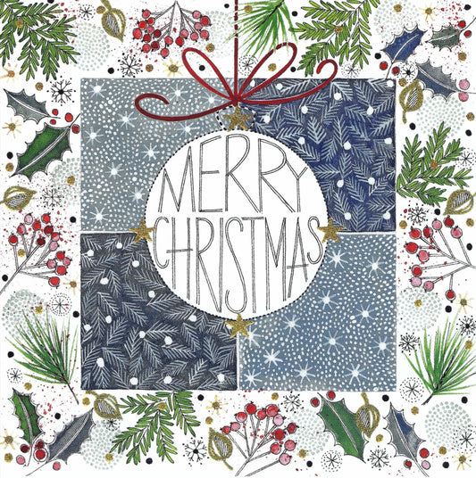 Merry Christmas postcard by Edition Gollong featuring festive winter artwork with glitter accents on square card