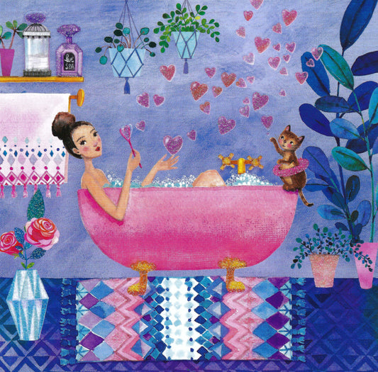 A postcard by Mila Marquis with a colorful illustration of a person relaxing in a pink bathtub with heart-shaped bubbles, surrounded by plants and a cat, with a focus on decorative elements like vases and heart motifs.