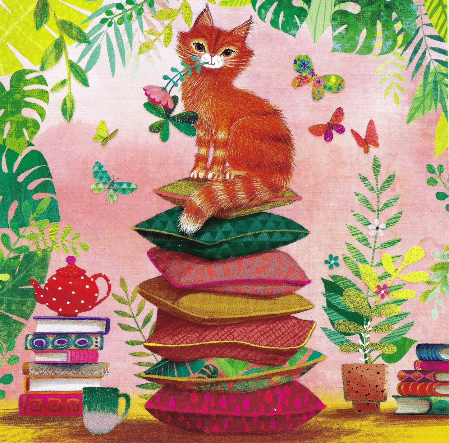 Edition Gollong Postcard featuring an Illustration of a cat sitting on colorful pillows surrounded by plants and butterflies. Mila Marquis