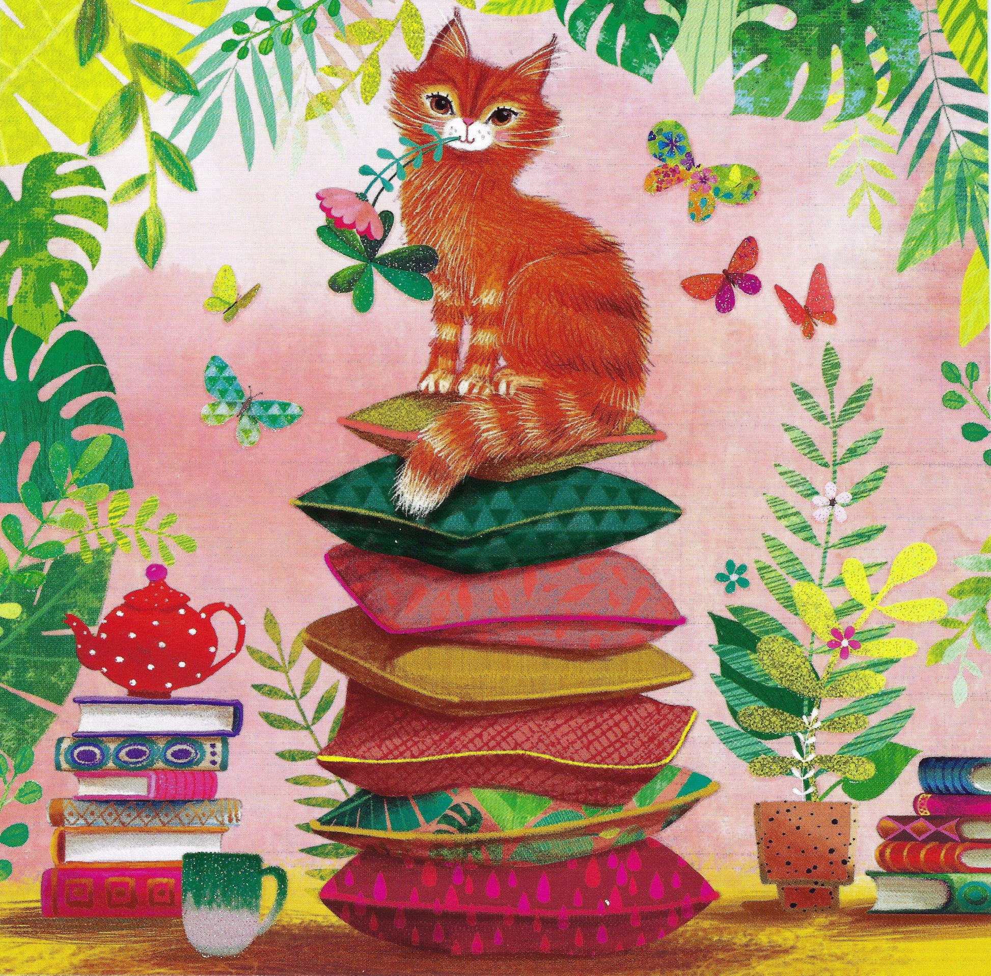 Edition Gollong Postcard featuring an Illustration of a cat sitting on colorful pillows surrounded by plants and butterflies. Mila Marquis