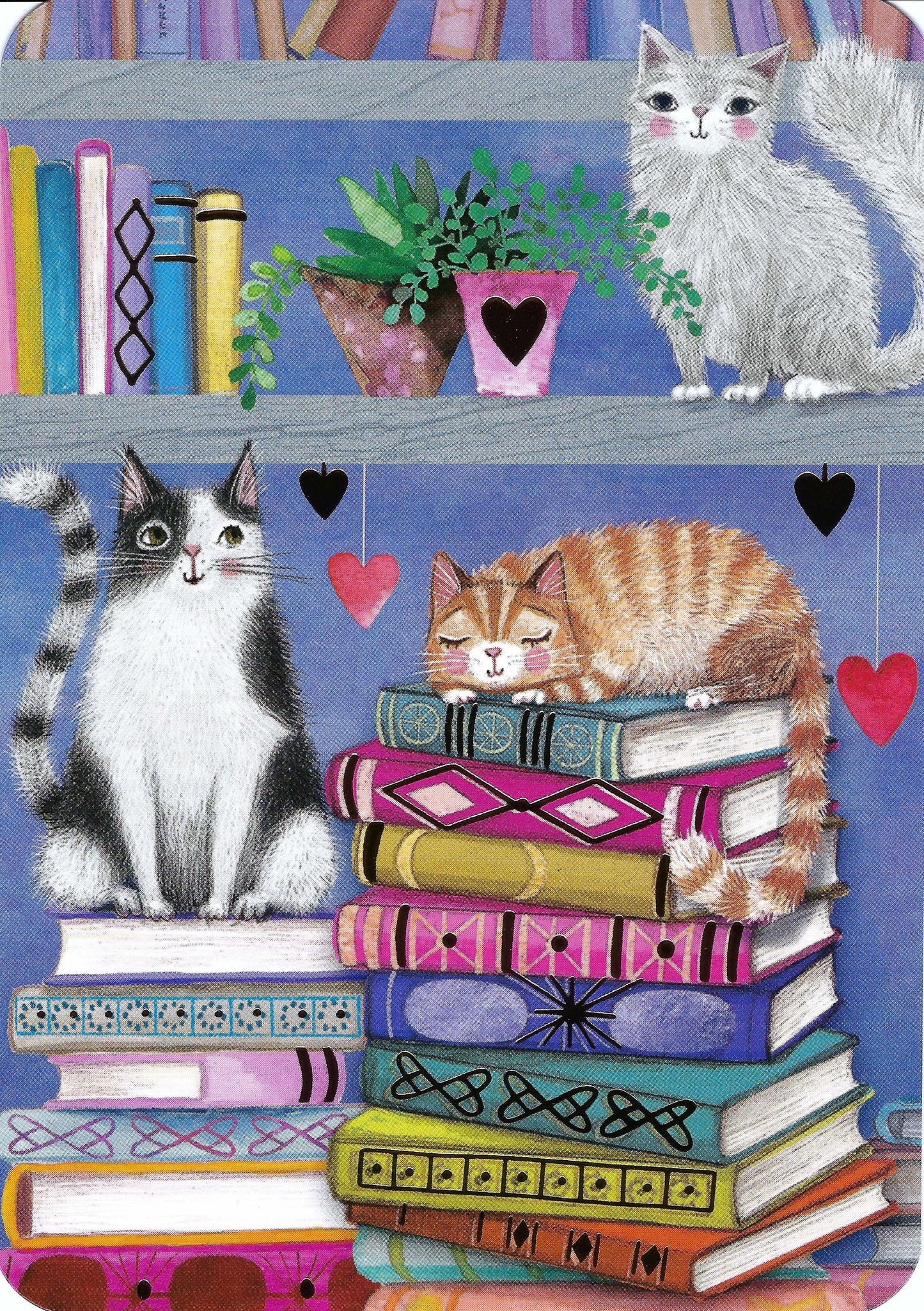 Edition Gollong postcard illustrated by Mila Marquis featuring cats among books and plants on a cozy bookshelf with gold foil accents, printed in Germany.