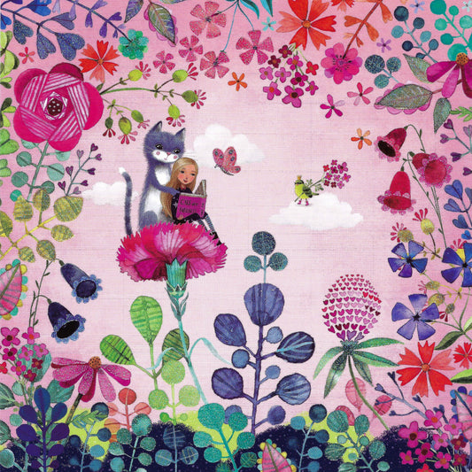 Edition Gollong - Mila Marquis - Girl and Cat Reading a Book - Flowers - Butterfly - Postcard
