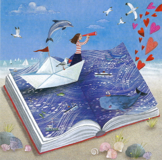 Edition Gollong - Mila Marquis - Woman - Paper Boat - Book - Dolphin - Seagulls - Hearts - Postcard