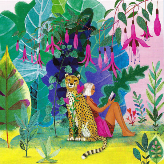 Edition Gollong - Mila Marquis - Woman Reading - Cheetah - Flowers - Book - Postcard