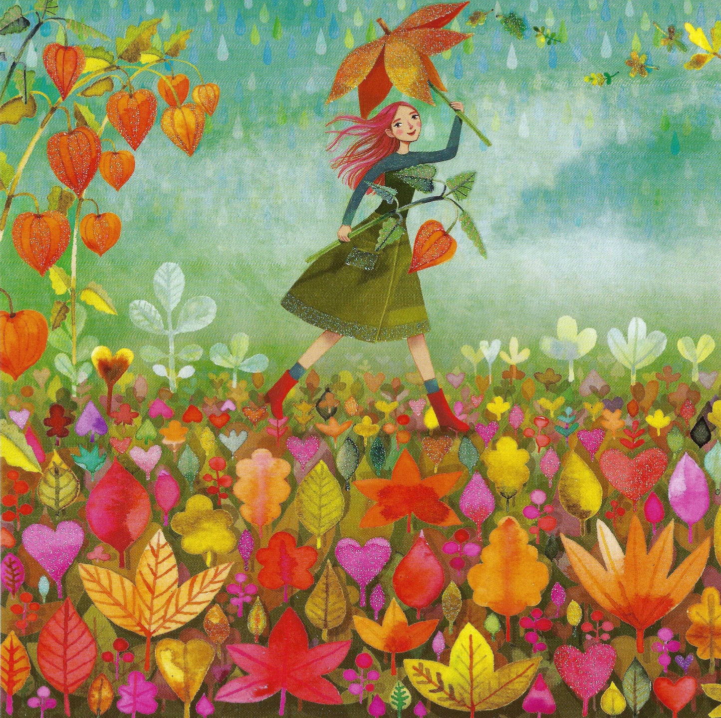Whimsical fall-themed postcard by Mila Marquis featuring a woman surrounded by colorful autumn leaves, with glitter accents – perfect for seasonal snail mail, Postcrossing, and cozy correspondence
