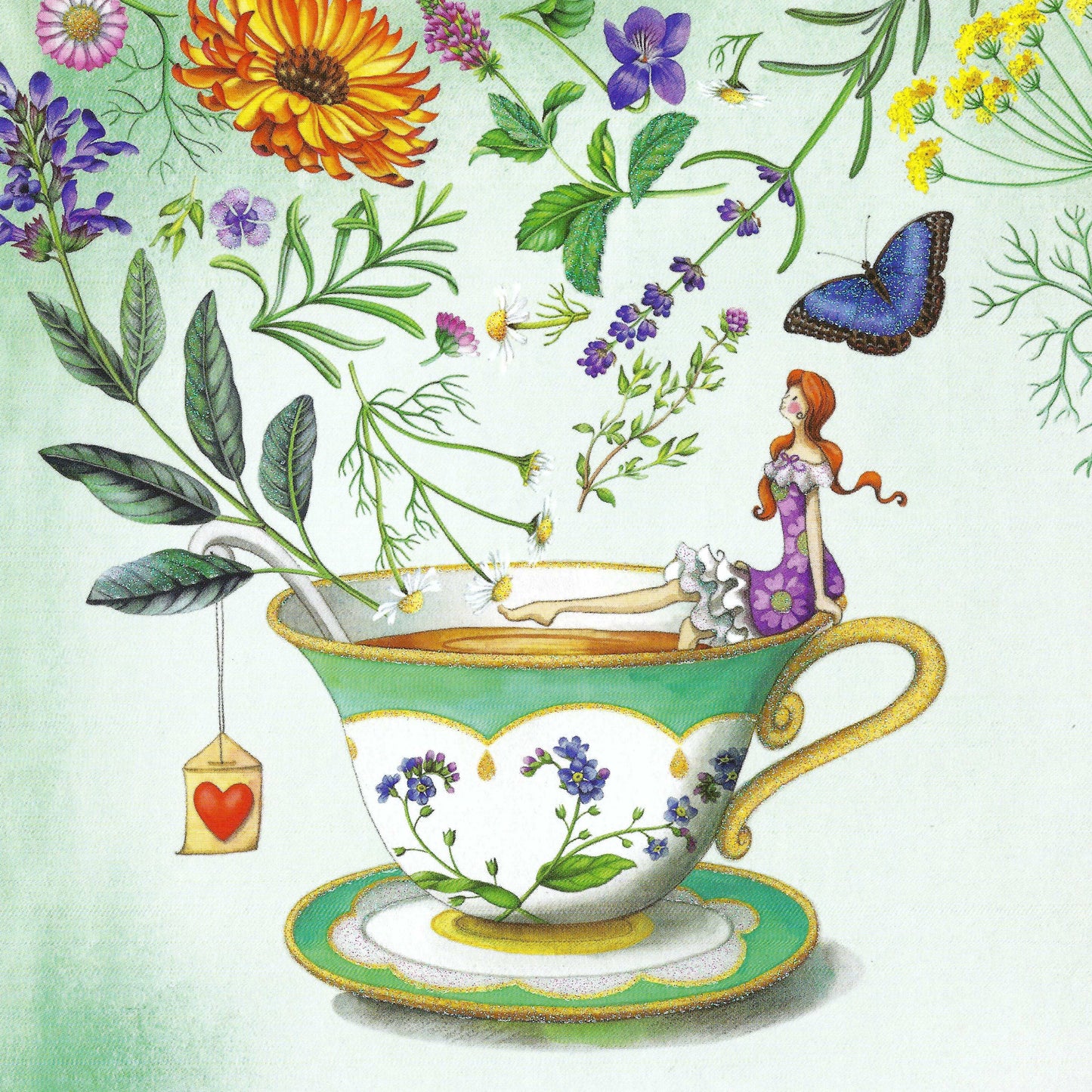 Edition Gollong - Nina Chen - Woman - Tea Cup - Flowers - Postcard