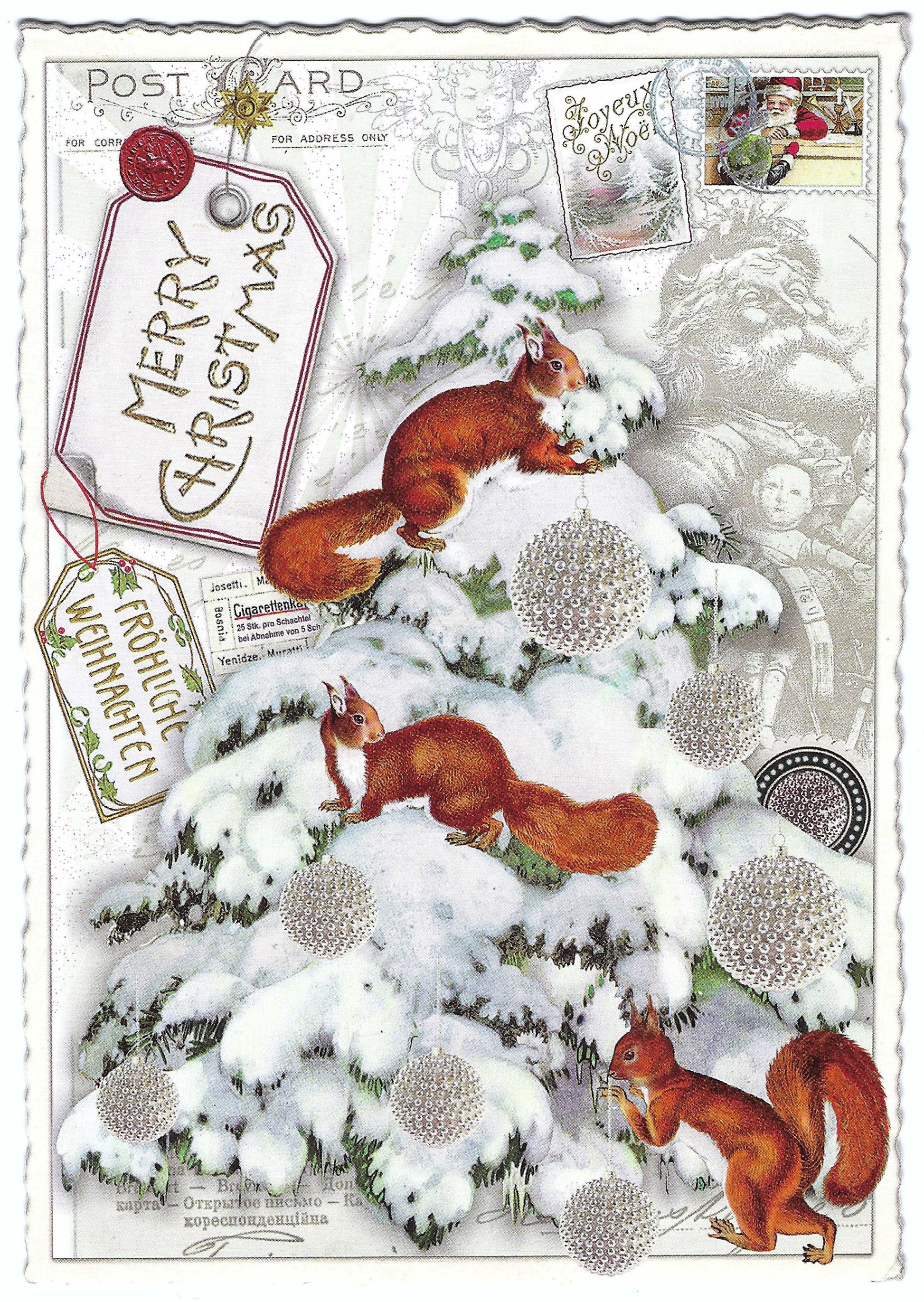 Edition Tausendschön Christmas Postcard – Squirrels Around Decorated Tree with “Merry Christmas” Greeting – Glitter Details, Serrated Edge, Art Paper – Holiday Mail for Postcrossing, Snail Mail, and Collectors