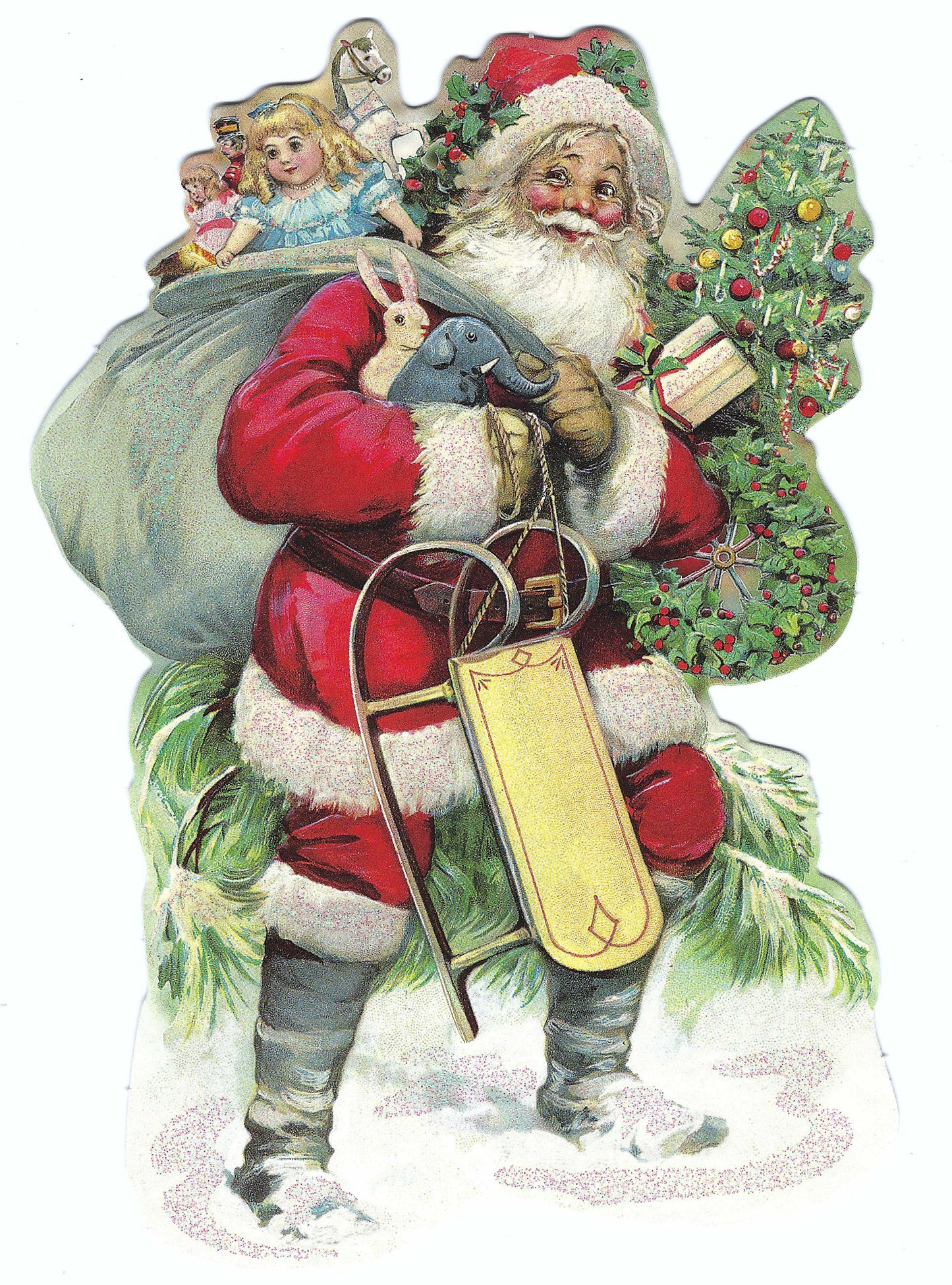 Vintage-style Christmas postcard by Edition Tausendschön featuring Santa Claus with sack, toys, and wreath