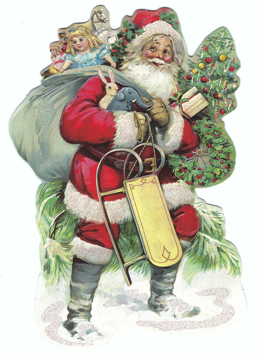 Vintage-style Christmas postcard by Edition Tausendschön featuring Santa Claus with sack, toys, and wreath