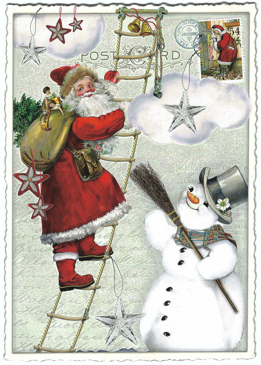 Edition Tausendschön Christmas Postcard – Santa Claus and Snowman in Festive Winter Scene – Glitter Details, Serrated Edge, Art Paper – Holiday Postcard for Snail Mail, Postcrossing, and Collectors