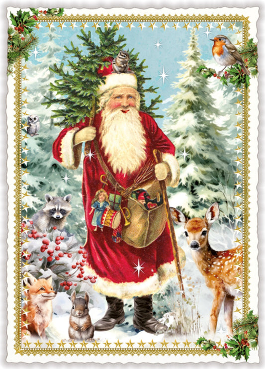 Vintage-style Christmas postcard by Edition Tausendschön featuring Santa with woodland animals and glitter accents; ideal for Postcrossing