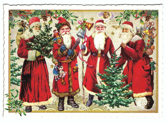 Edition Tausendschön Christmas Postcard – Four Santa Claus Figures with Toys, Tree, and Holiday Decor – Glitter Accents, Serrated Edge, Art Paper – Festive Mail for Postcrossing, Snail Mail, and Collectors