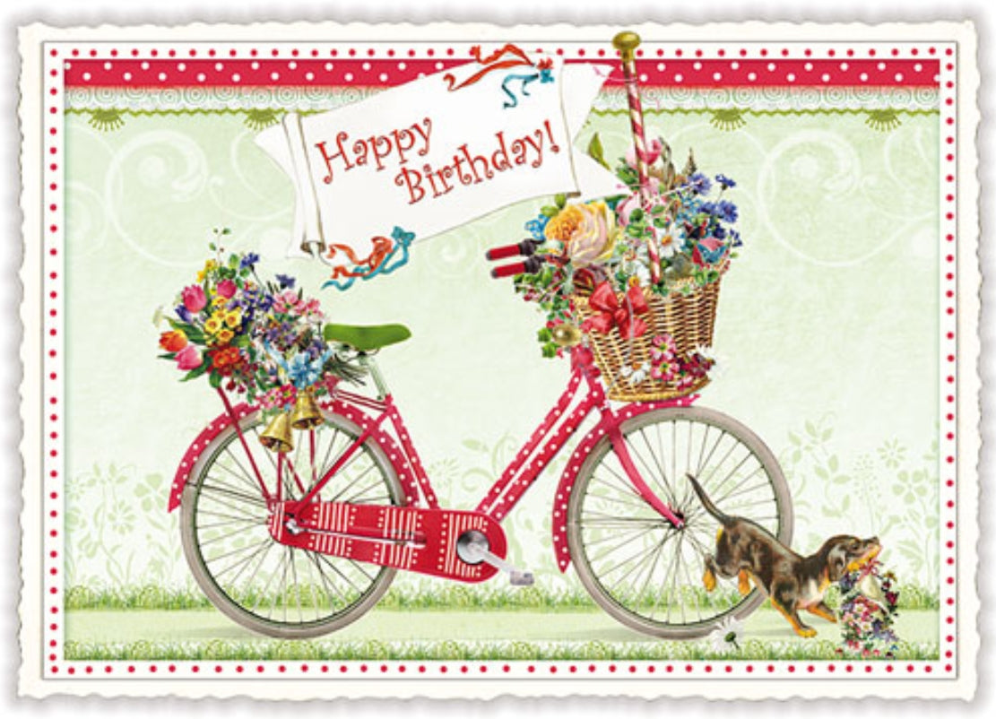 Edition Tausendschön Postcard - Happy Birthday - with a red bicycle carrying flowers, a dog, with 'Happy Birthday!' text.
