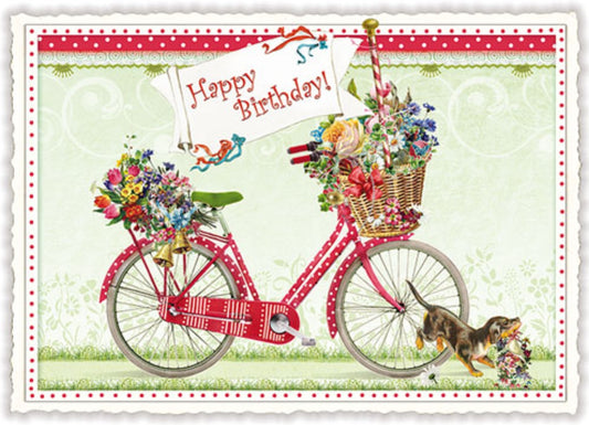 Edition Tausendschön Postcard - Happy Birthday - with a red bicycle carrying flowers, a dog, with 'Happy Birthday!' text.