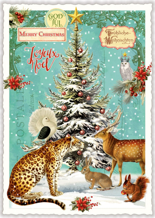 Merry Christmas postcard by Edition Tausendschön featuring woodland animals and decorated Christmas tree with glitter accents