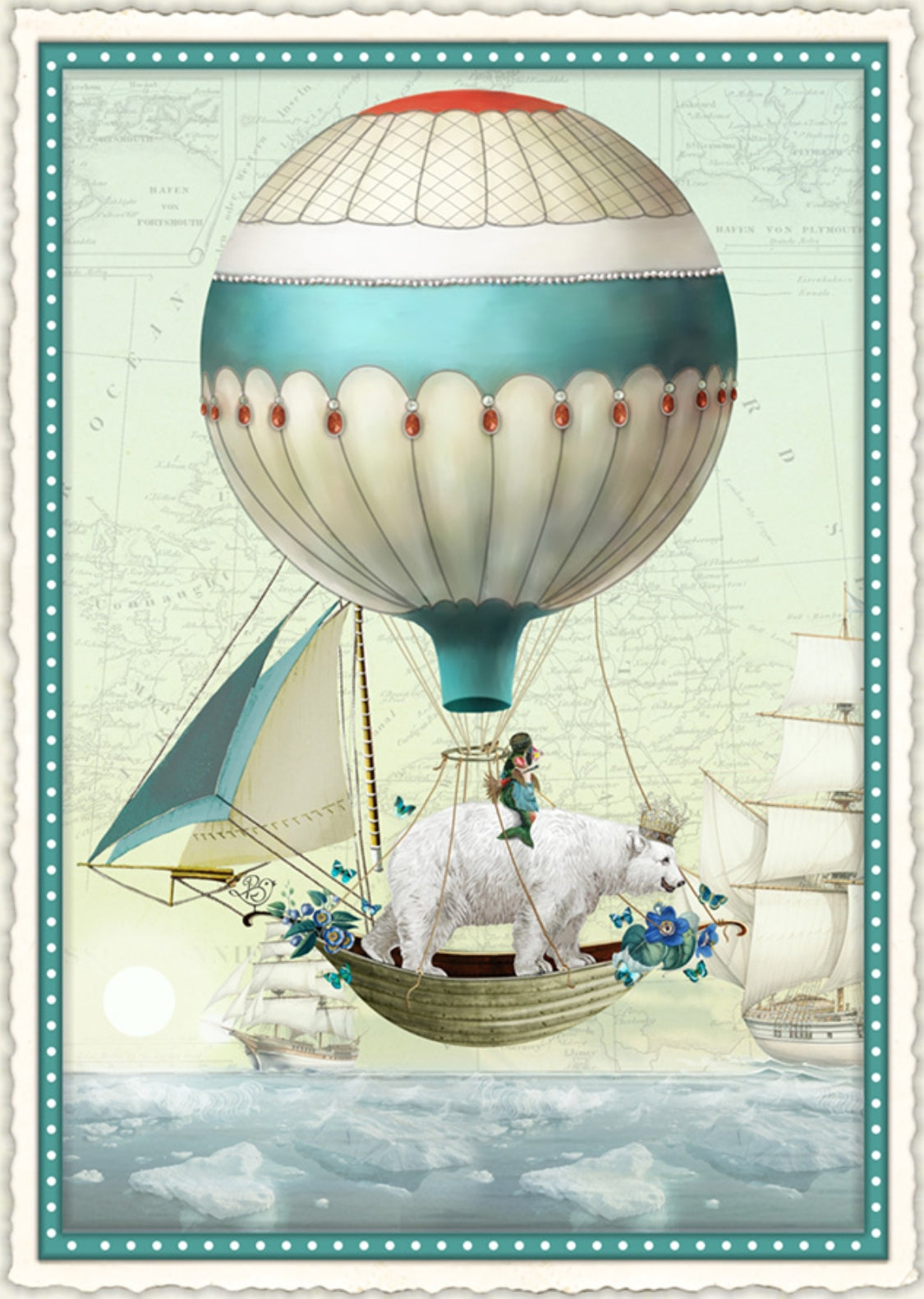 Edition Wundersam “Dreams Over the Ocean” postcard illustrated by Barbara Behr, featuring a crowned polar bear and fish in a boat suspended from a hot air balloon above an icy ocean with sailing ships and butterflies.