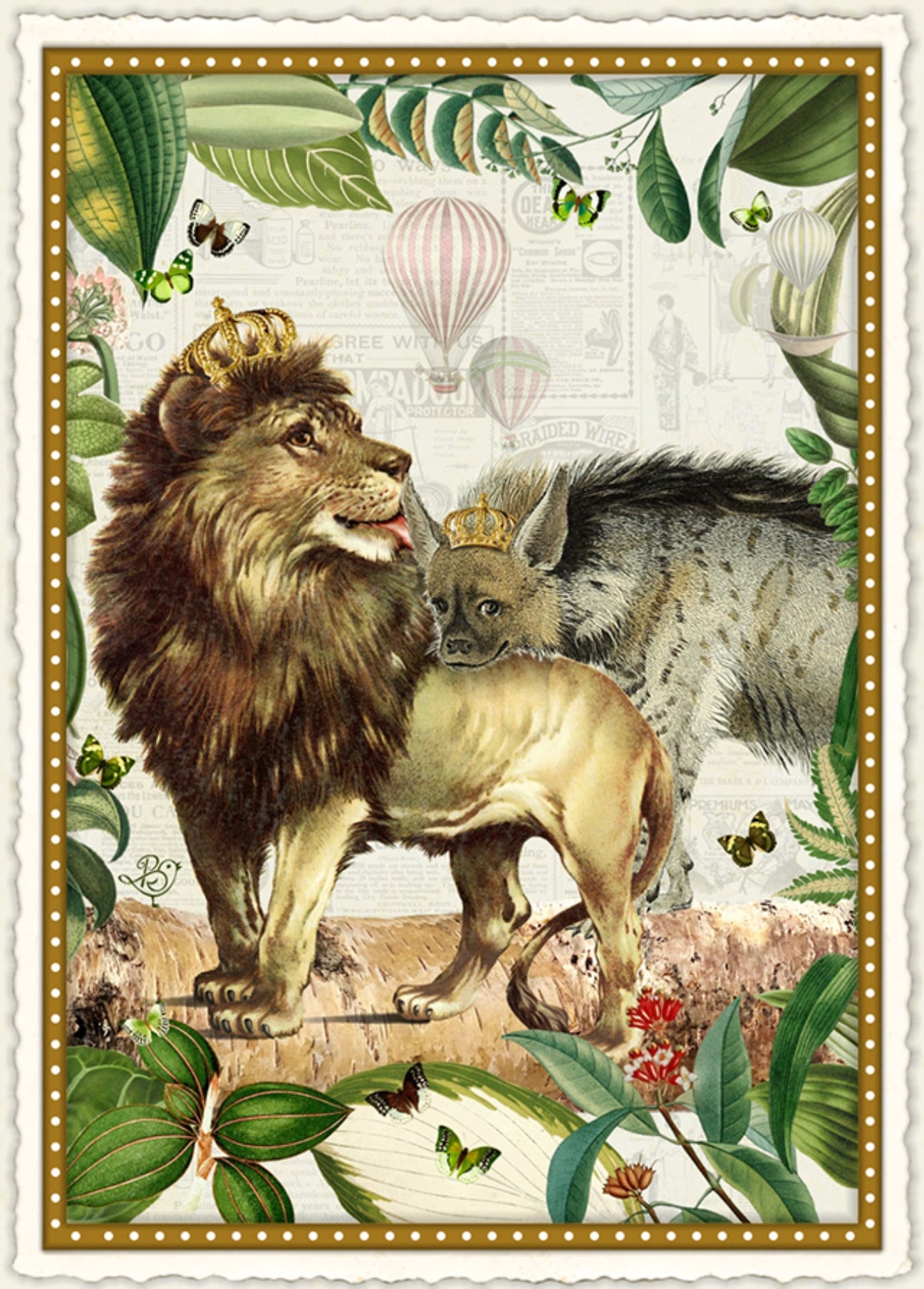Edition Wundersam postcard illustrated by Barbara Behr featuring a crowned lion and hyena together with tropical leaves, butterflies, vintage newspaper elements, and hot air balloons.