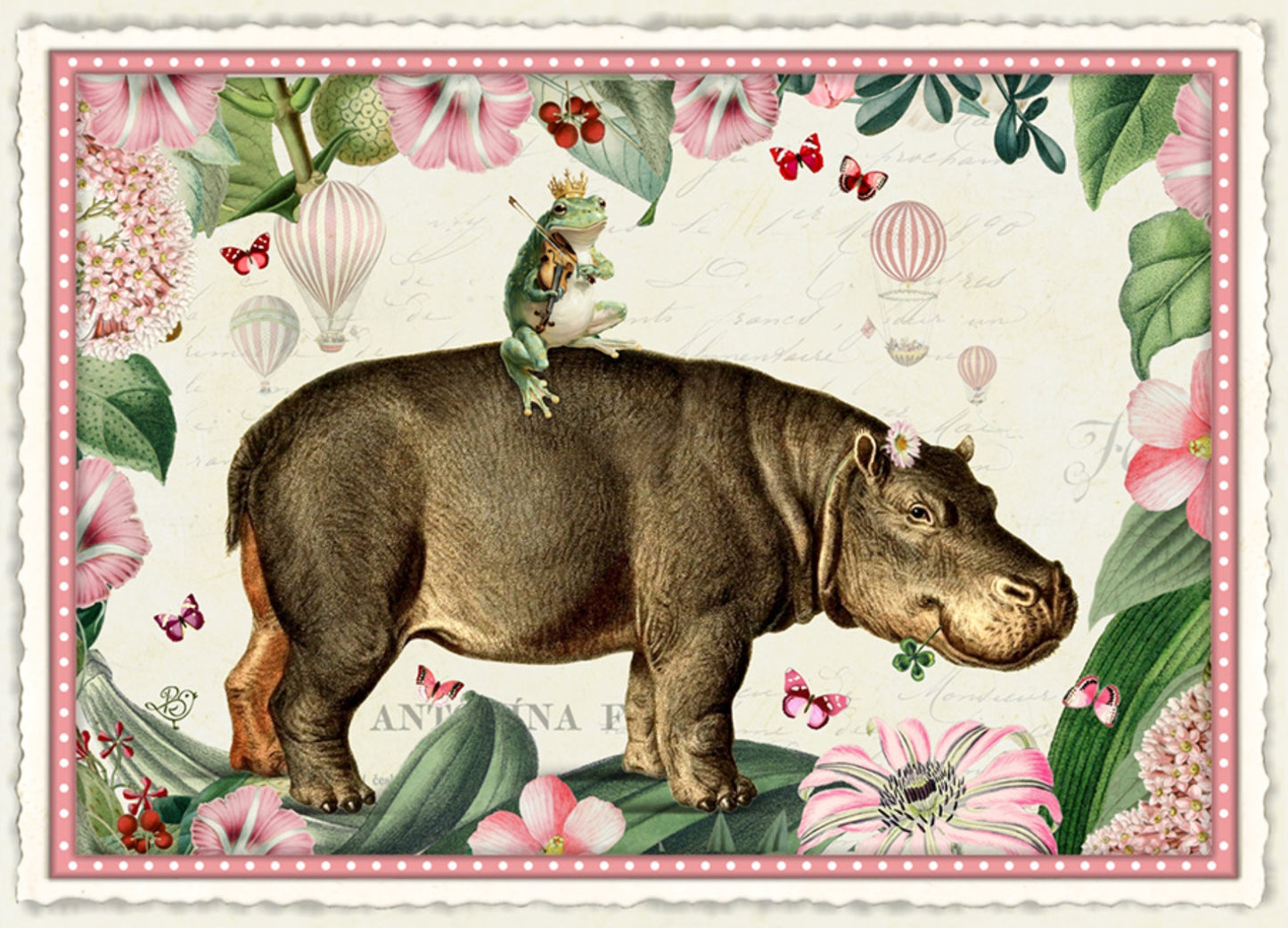 Symphony of the Hippopotamus Path Postcard by Barbara Behr - Edition Wundersam No. 11 featuring an illustration of a hippopotamus with a frog on its back, surrounded by floral and botanical elements.