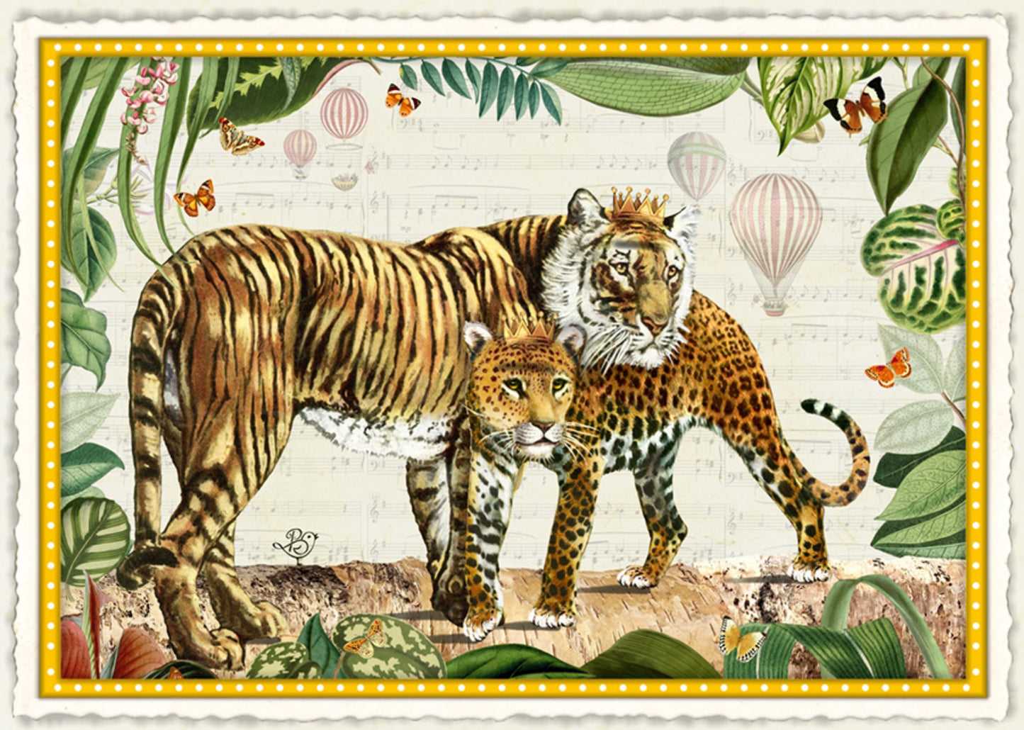 Where Strength Meets Elegance Postcard by Barbara Behr - Edition Wundersam No. 12 featuring tiger and a leopard in a jungle setting with leaves and balloons in the background