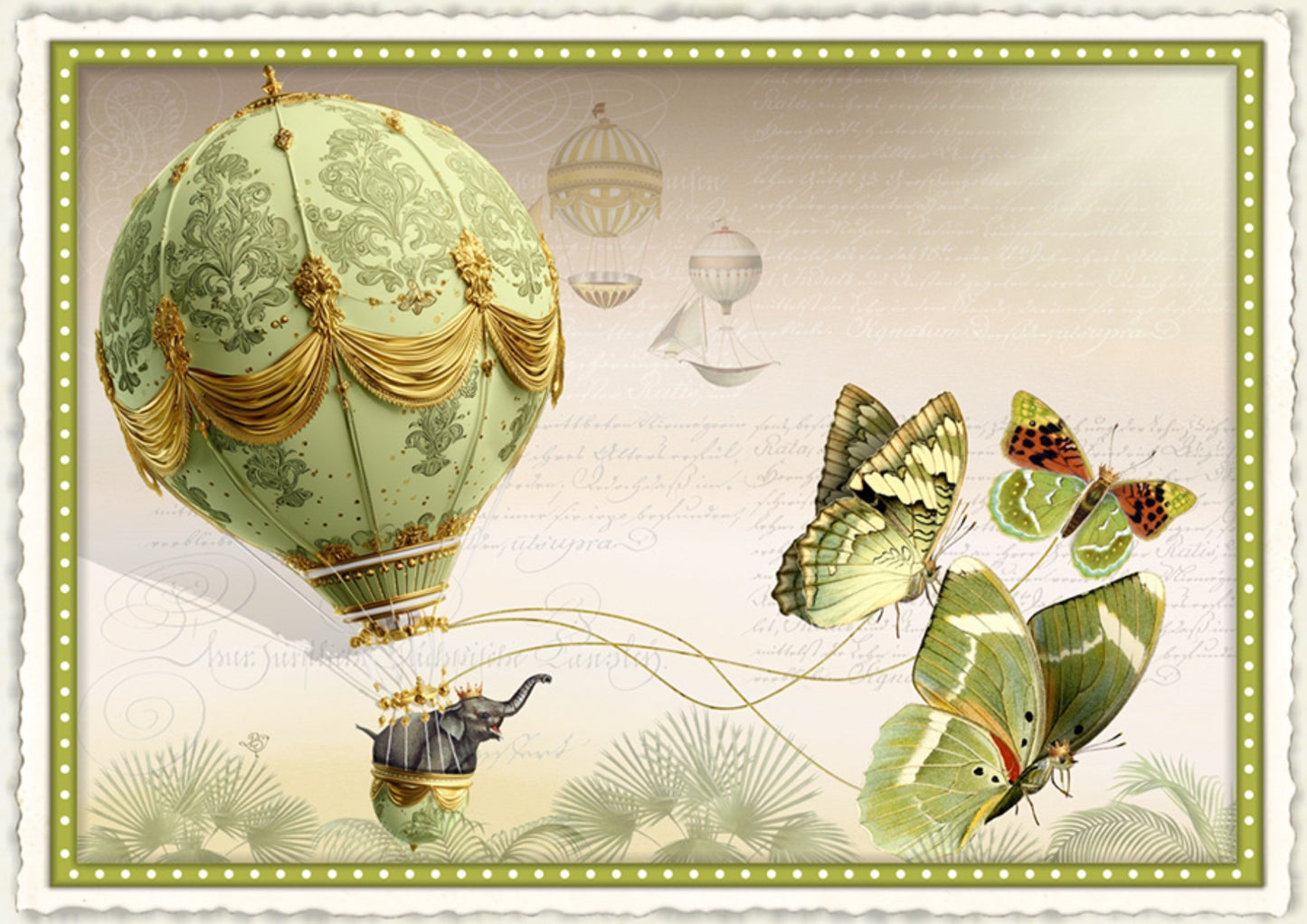 Updraft of the Impossible Postcard by Barbara Behr - Edition Wundersam No. 14 featuring an elephant riding in a green hot air balloon pulled by butterflies on a beige background.