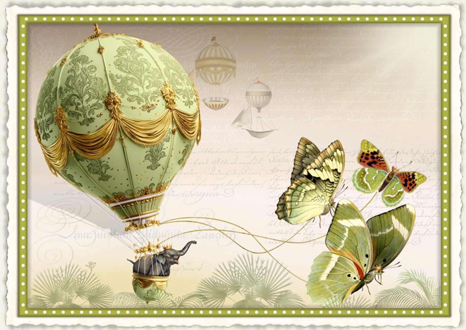 Updraft of the Impossible Postcard by Barbara Behr - Edition Wundersam No. 14 featuring an elephant riding in a green hot air balloon pulled by butterflies on a beige background.