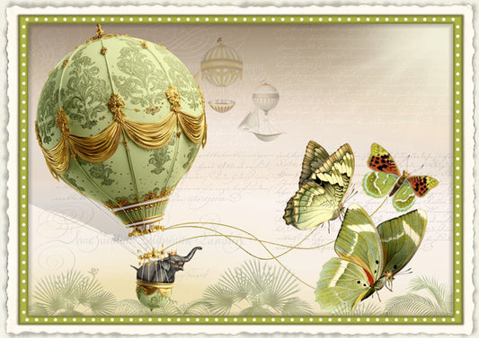Updraft of the Impossible Postcard by Barbara Behr - Edition Wundersam No. 14 featuring an elephant riding in a green hot air balloon pulled by butterflies on a beige background.