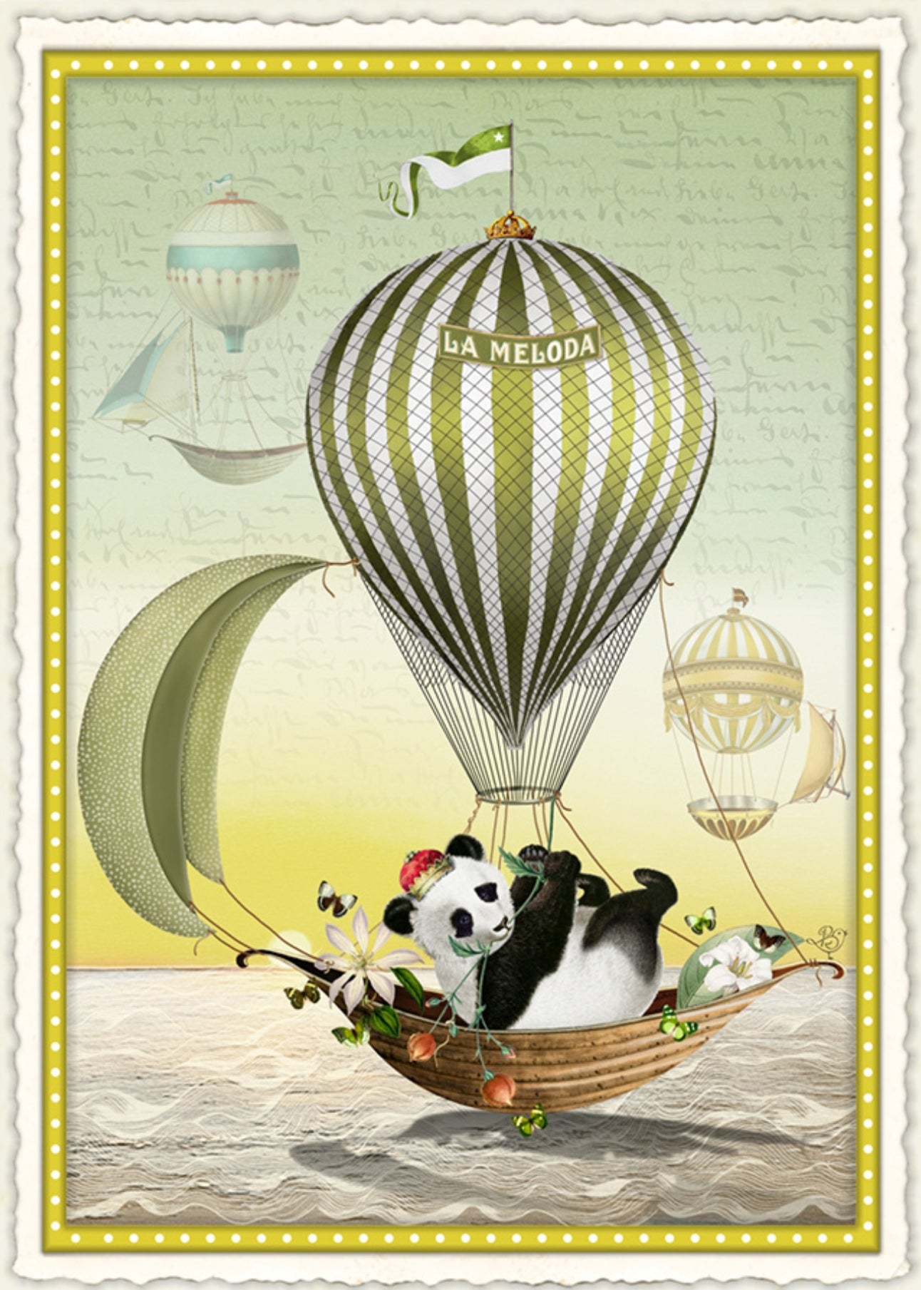 A Crown in the Wind Postcard by Barbara Behr - Edition Wundersam No. 16 featuring an illustration of a panda in a hot air balloon with 'La Melodia' on a vintage-style background.