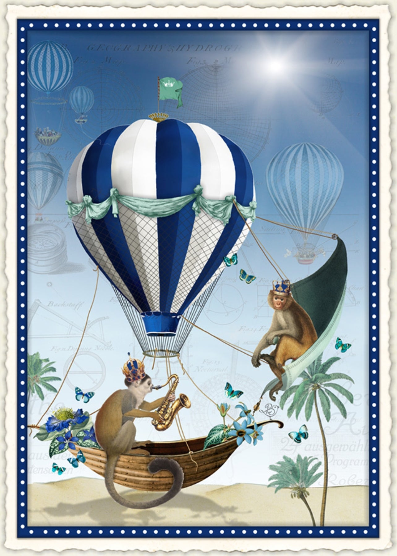 Harmony in the Clouds Postcard by Barbara Behr - Edition Wundersam No. 19 featuring an illustration of monkeys in a hot air balloon on a blue background