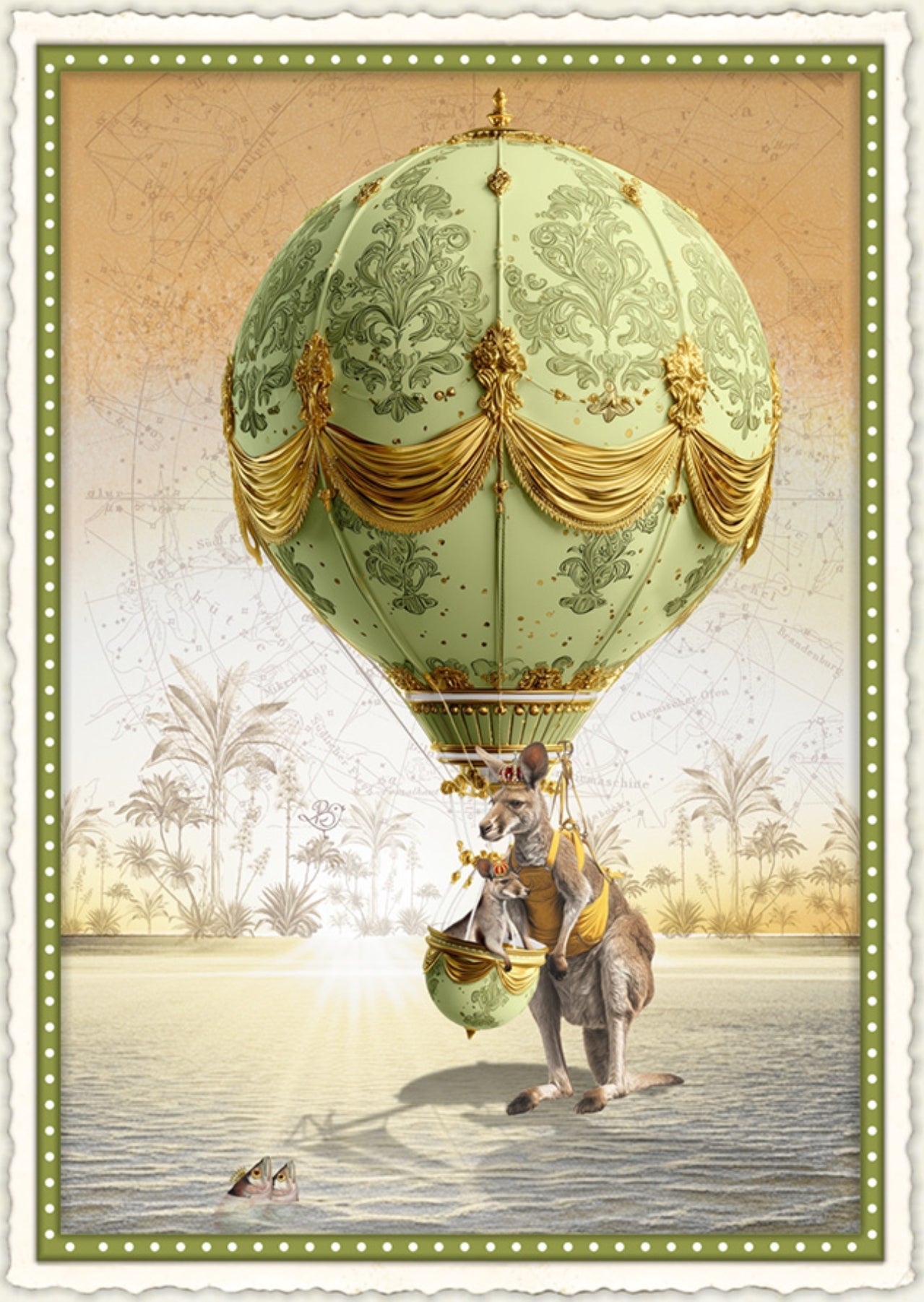 With Trust, Rising High Postcard by Barbara Behr - Edition Wundersam No. 20 featuring a decorative hot air balloon with two kangaroos in a scenic landscape