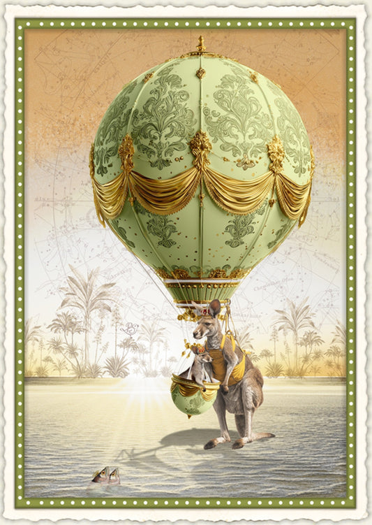 With Trust, Rising High Postcard by Barbara Behr - Edition Wundersam No. 20 featuring a decorative hot air balloon with two kangaroos in a scenic landscape
