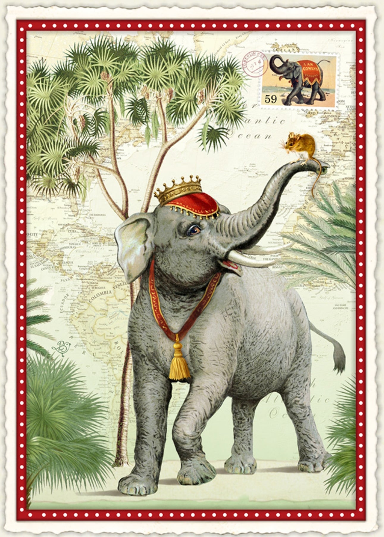 Gentle Titan Postcard by Barbara Behr - Edition Wundersam No. 21 featuring an illustration of an elephant and mouse with a crown
