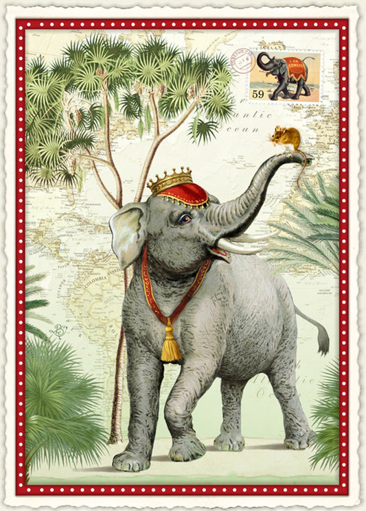 Gentle Titan Postcard by Barbara Behr - Edition Wundersam No. 21 featuring an illustration of an elephant and mouse with a crown