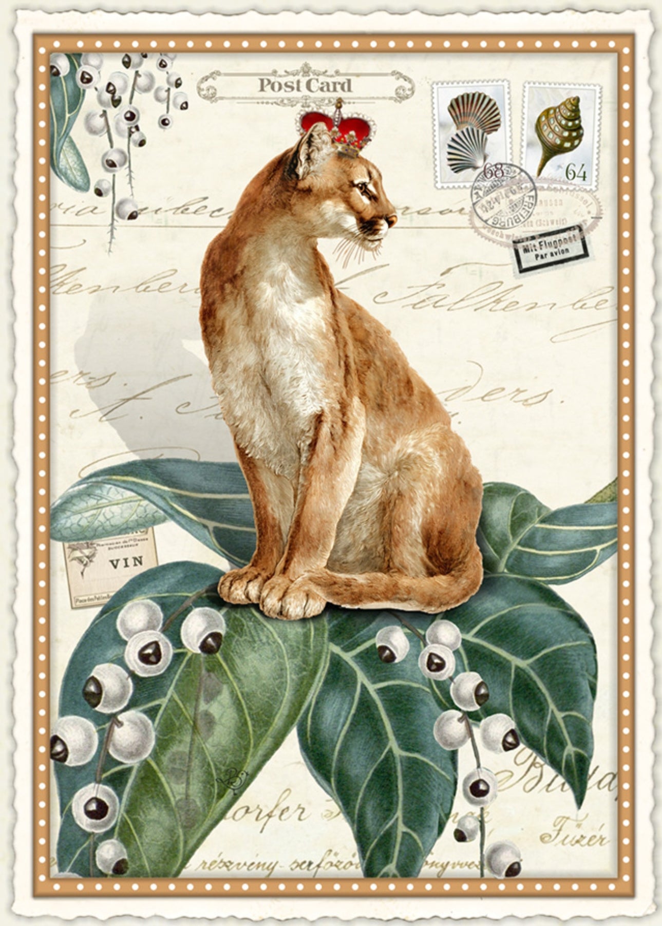Jungle Throne Postcard by Barbara Behr - Edition Wundersam No. 22 featuring a vintage-style postcard with a cougar sitting on leaves and berries, surrounded by decorative elements.