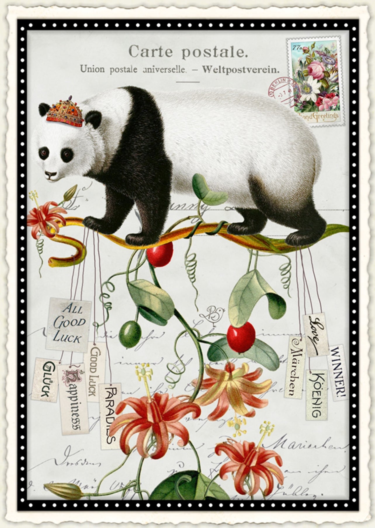 Acrobat in the Bamboo Kingdom Postcard by Barbara Behr - Edition Wundersam No. 23 featuring a vintage-style postcard with a panda bear on a branch, surrounded by flowers and text.
