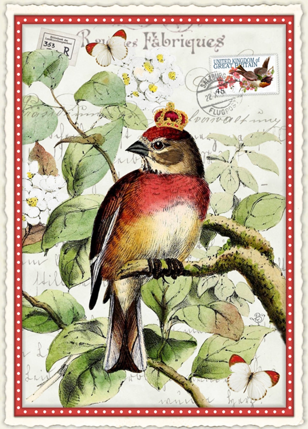 King of the Air Postcard by Barbara Behr - Edition Wundersam No. 24 featuring a vintage-style illustration of a bird with a crown on a branch with leaves and flowers.