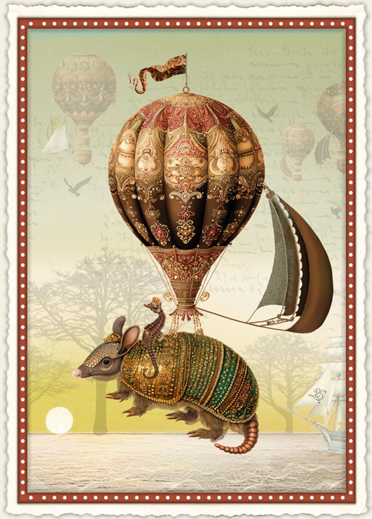 In the Balloon of Silence Postcard by Barbara Behr - Edition Wundersam No. 26 featuring an illustration of a decorated armadillo with a hot air balloon and a seahorse