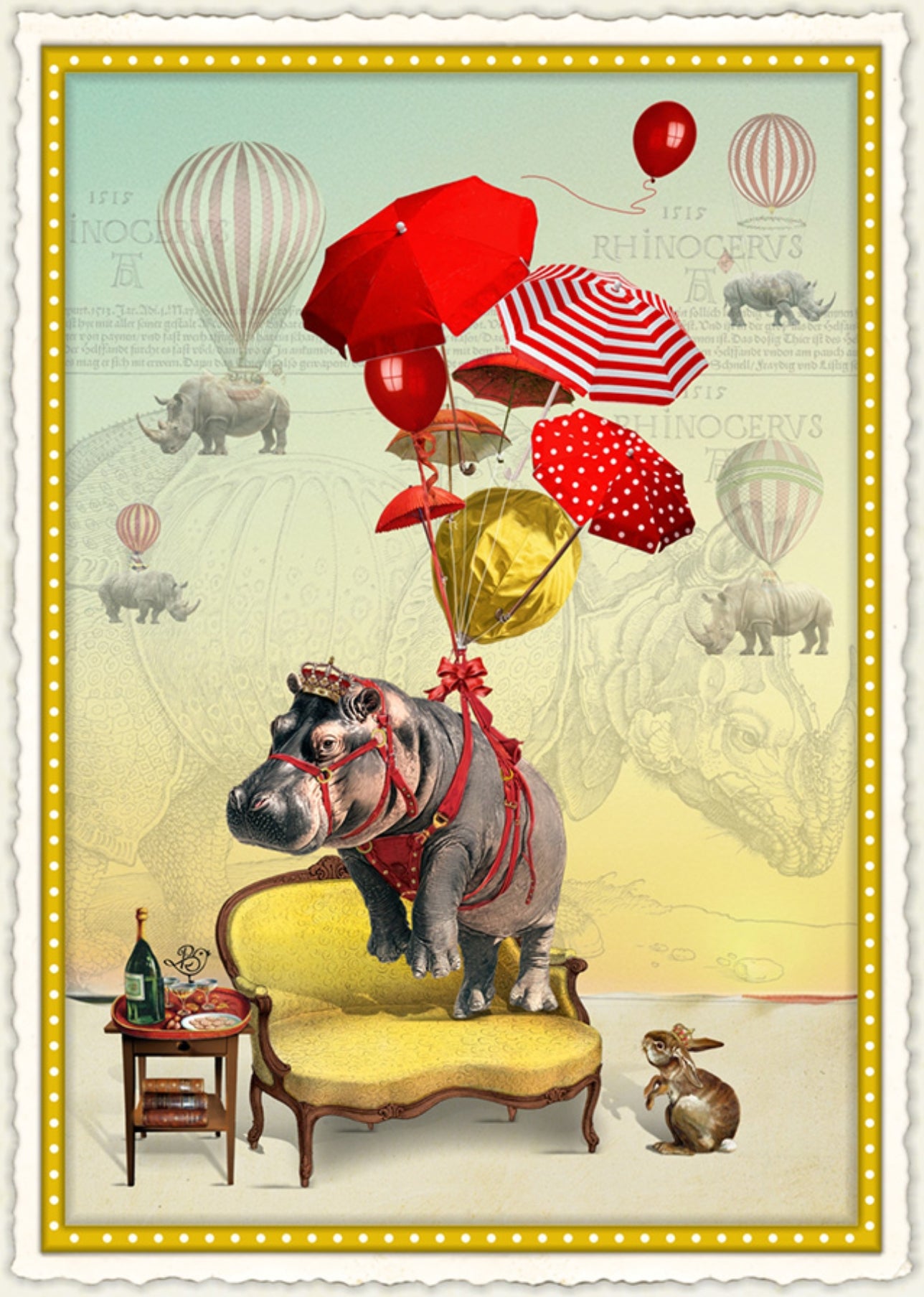 A Crowned Fall Postcard by Barbara Behr - Edition Wundersam No. 27 featuring a hippopotamus with umbrellas and balloons and a rabbit with rhino's and hot air balloons in the background