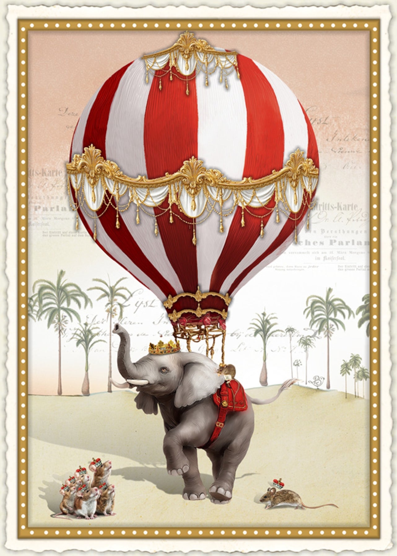 When the Great One Bows Postcard by Barbara Behr - Edition Wundersam No. 29 featuring an illustration of an elephant with a hot air balloon, surrounded by crowned mice and palm trees.