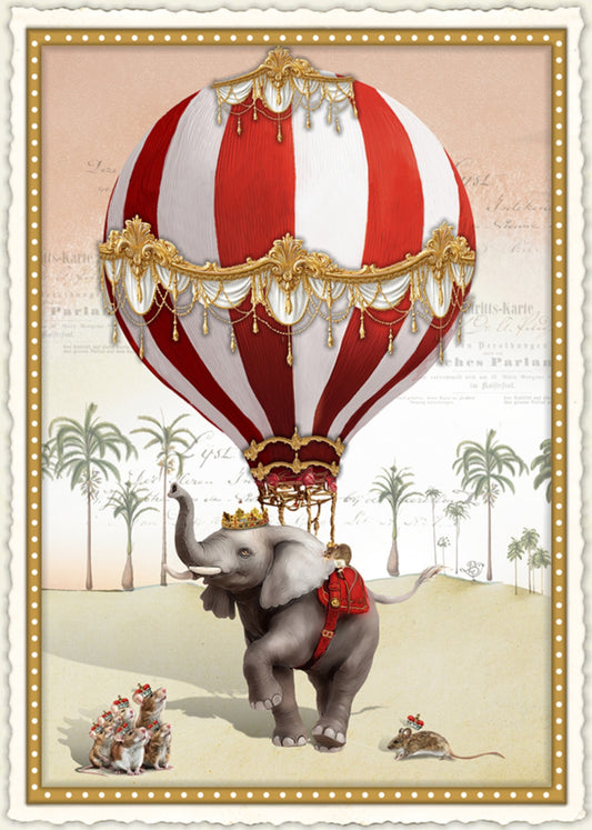 When the Great One Bows Postcard by Barbara Behr - Edition Wundersam No. 29 featuring an illustration of an elephant with a hot air balloon, surrounded by crowned mice and palm trees.