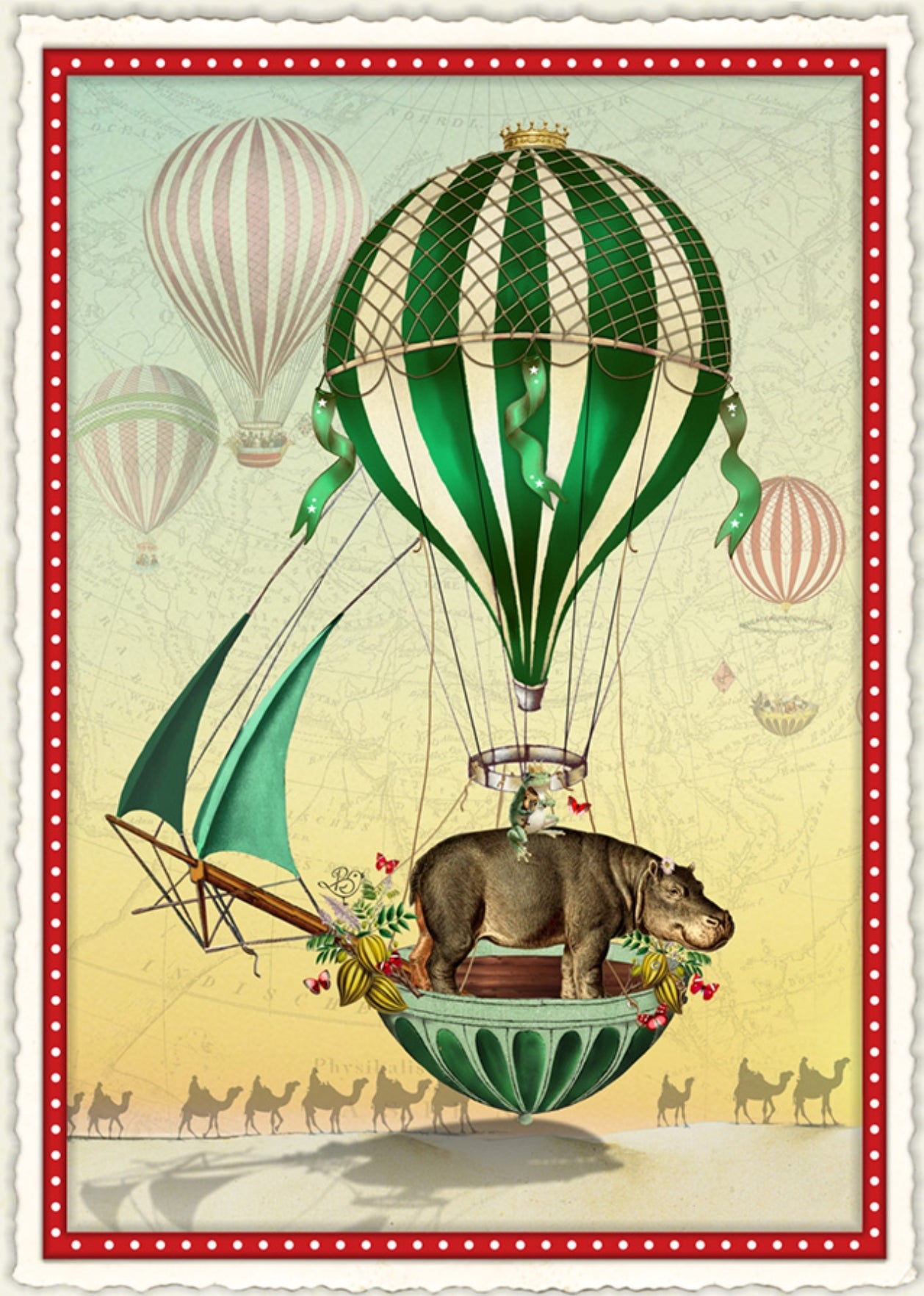 Edition Wundersam “Not Everything That Is Heavy Falls” postcard illustrated by Barbara Behr, featuring a green‑striped hot air balloon carrying a hippo with a frog riding it's back, surrounded by floating balloons and camel silhouettes below.