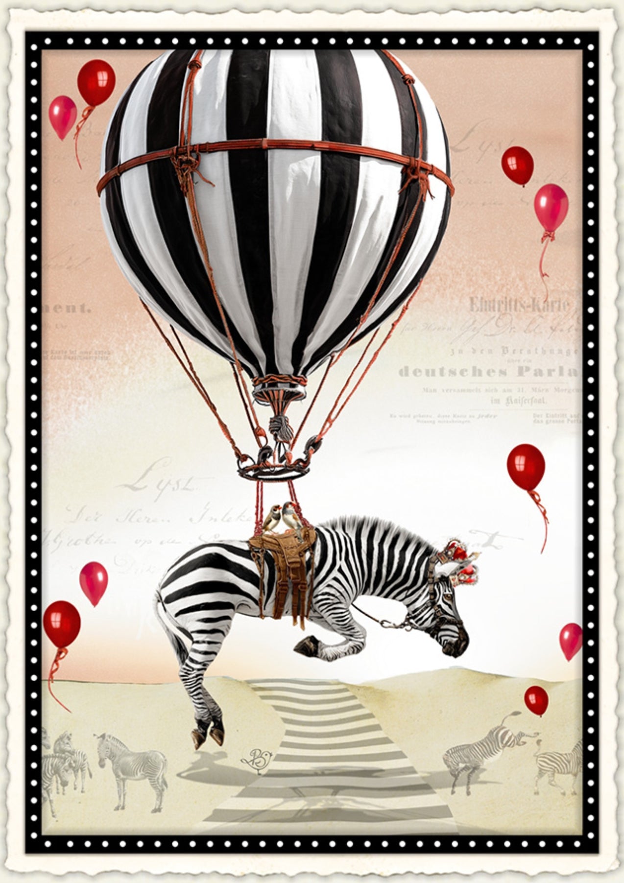 Striped Journey into the Distance Postcard by Barbara Behr - Edition Wundersam No. 30 featuring a zebra riding a hot air balloon with red balloons in the sky