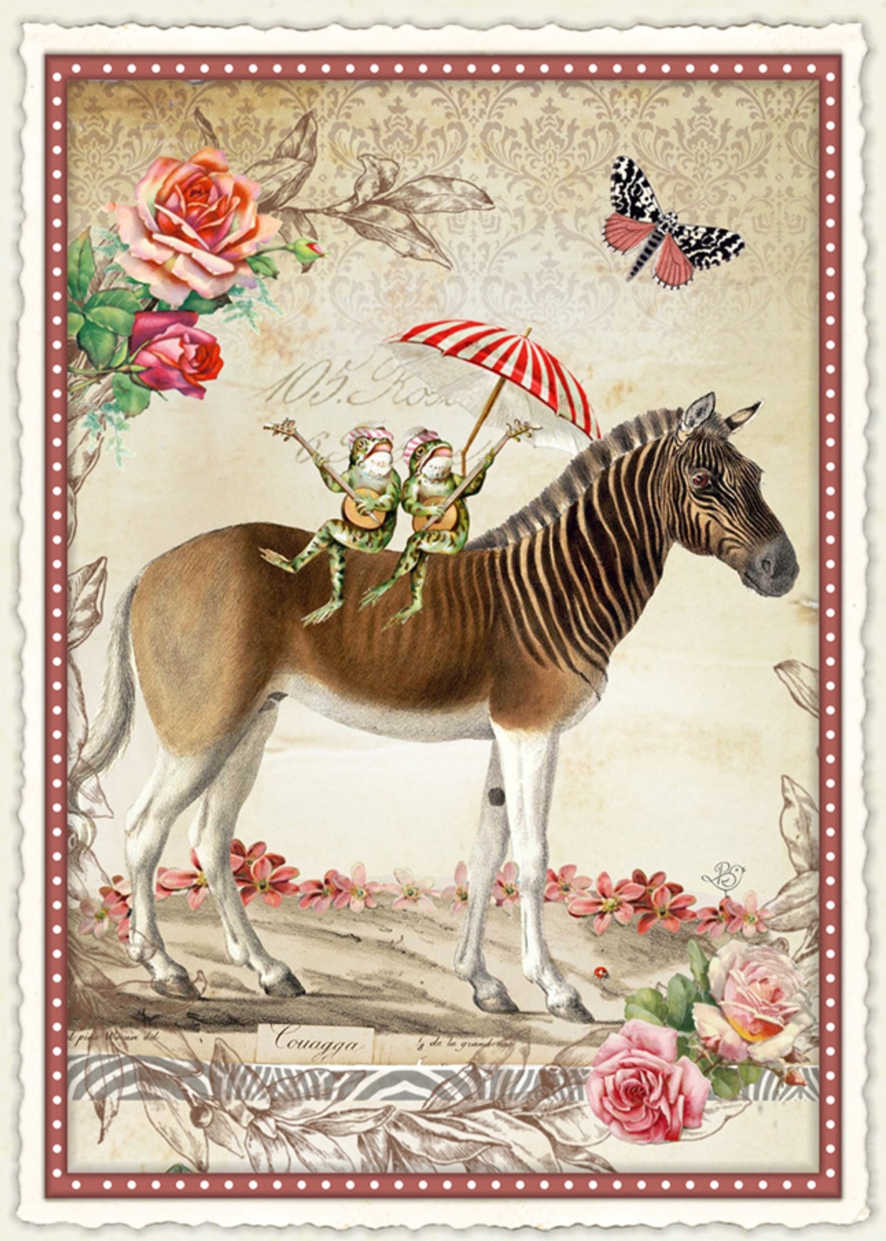 Between Hops and Hooves Postcard by Barbara Behr - Edition Wundersam No. 31 featuring a quagga with two frogs under an umbrella, surrounded by flowers and leaves.