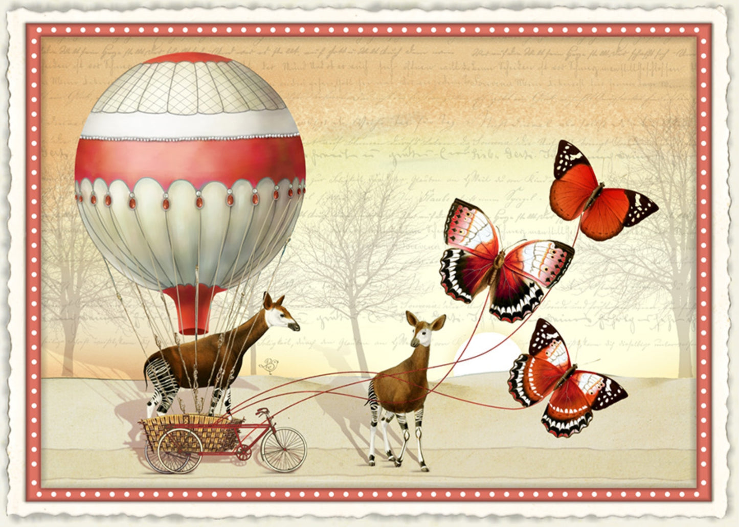 Wheels Made of Wings Postcard by Barbara Behr - Edition Wundersam No. 32 featuring a vintage-style illustration of a hot air balloon with Okapi and butterflies.