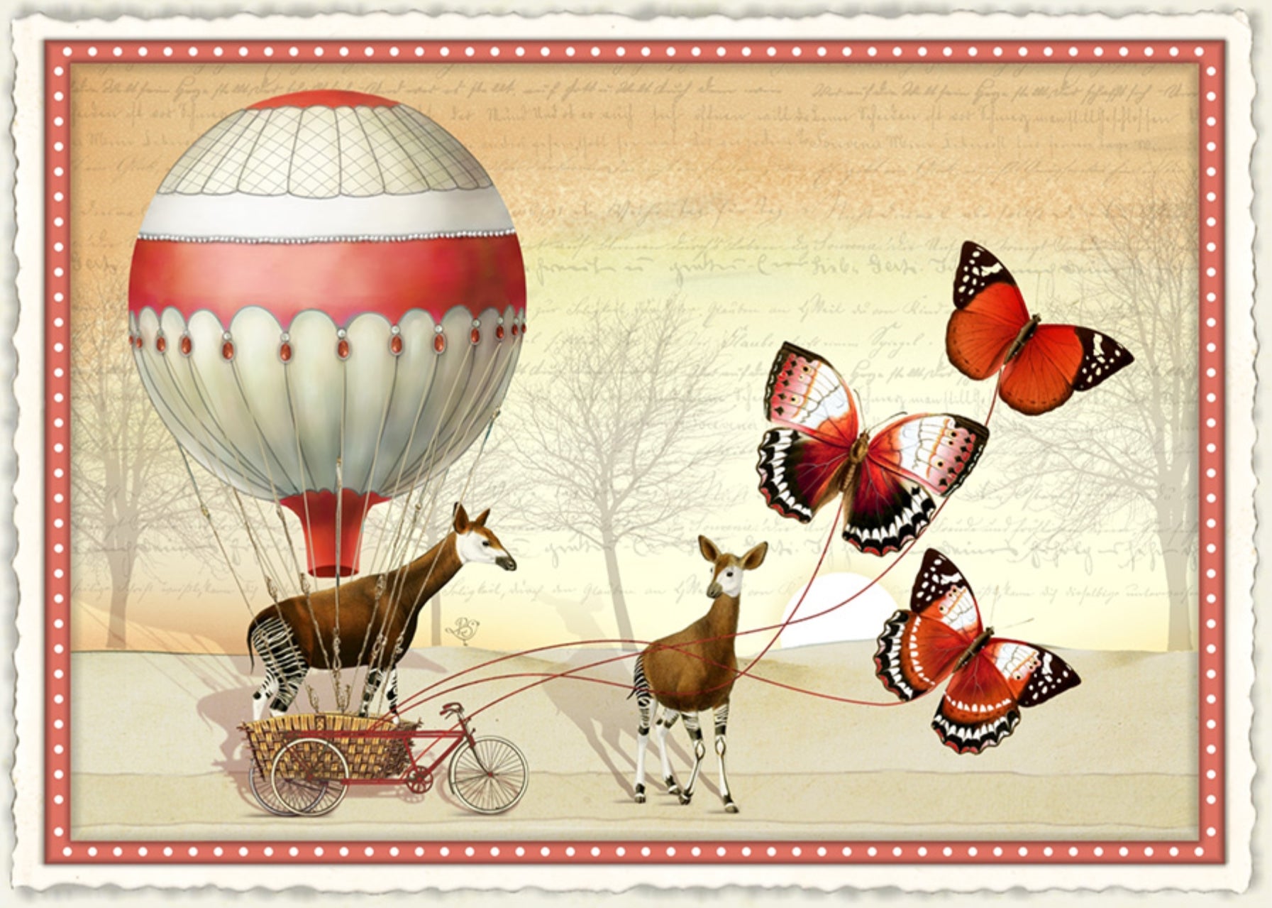 Wheels Made of Wings Postcard by Barbara Behr - Edition Wundersam No. 32 featuring a vintage-style illustration of a hot air balloon with Okapi and butterflies.