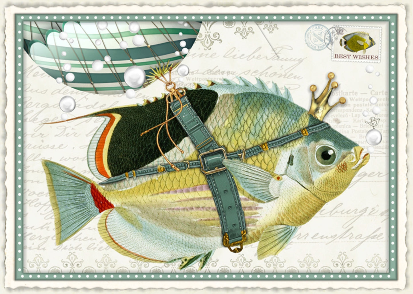 Philosophical King Postcard by Barbara Behr - Edition Wundersam No. 33 featuring an illustration of a fish with a crown and a balloon on its back, surrounded by decorative elements.