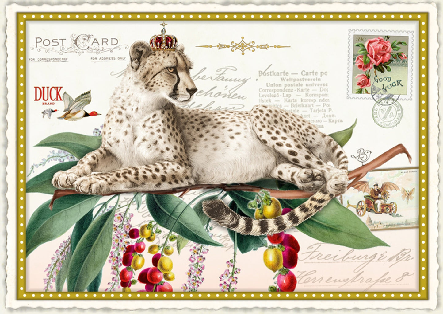Dreaming King Postcard by Barbara Behr - Edition Wundersam No. 35 featuring a vintage-style illustration of a cheetah on a decorative card with floral elements and text.
