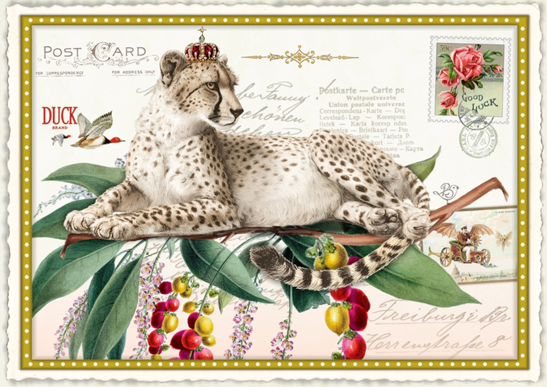 Dreaming King Postcard by Barbara Behr - Edition Wundersam No. 35 featuring a vintage-style illustration of a cheetah on a decorative card with floral elements and text.