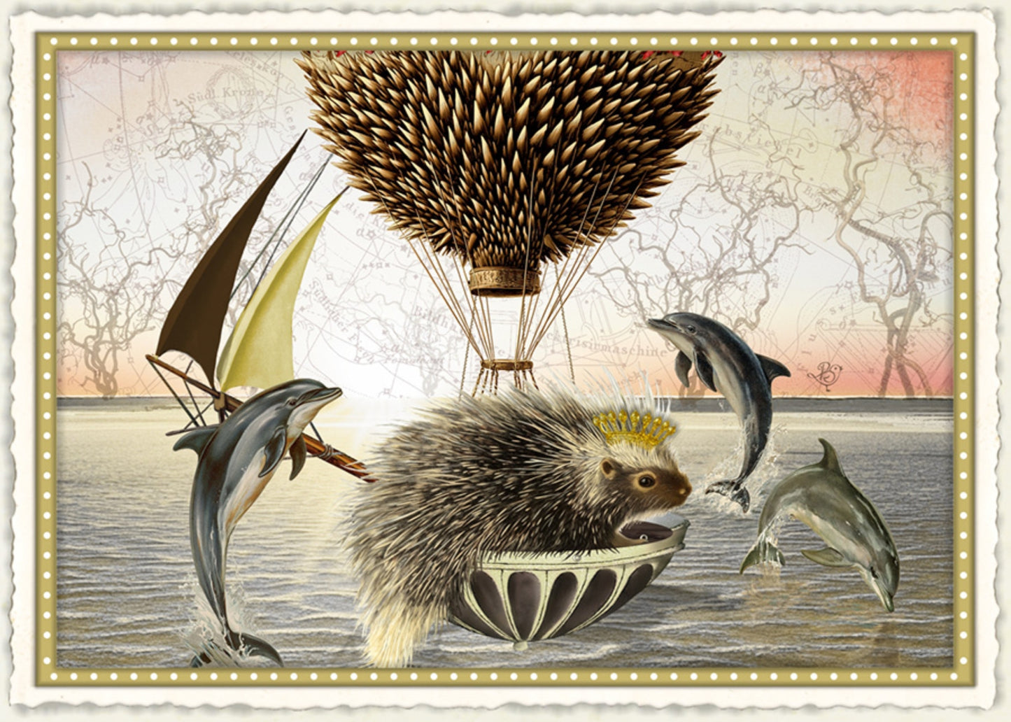 Spines in Flight Postcard by Barbara Behr - Edition Wundersam No. 36 featuring an illustration of a porcupine in a hot air balloon with dolphins around it